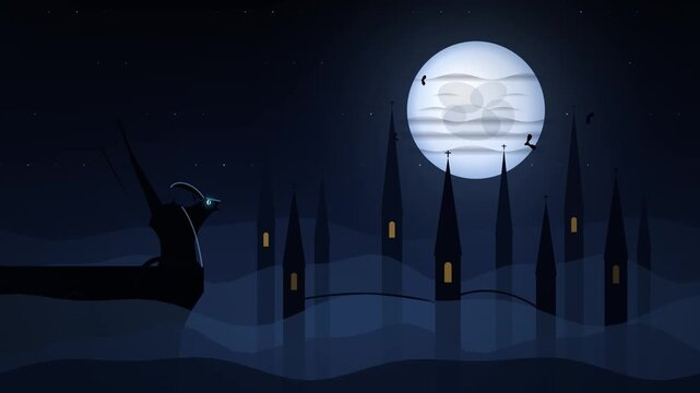 Spooky halloween background with full moon over gothic city spires
