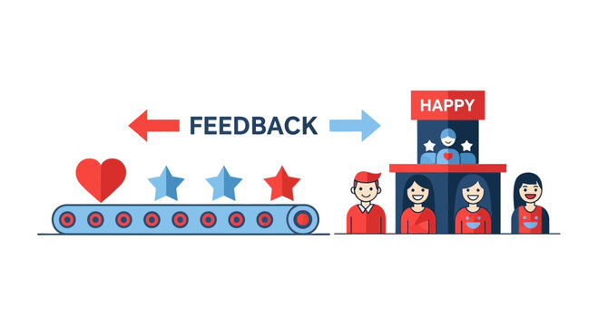 Customer feedback loop illustration with stars and hearts on a conveyor belt. Perfect for business rating and user satisfaction concepts.