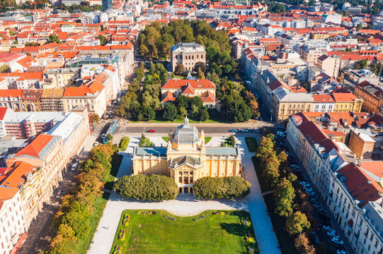 Aerial Panorama of Zagreb with Art Pavilion and Historic City Center, Croatia
