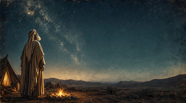 Old prophet looking at starry night sky by campfire in biblical desert landscape