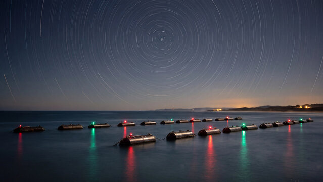 Wave energy converter buoys with navigation lights floating in calm sea under star trails at night. Offshore renewable ocean power farm harvesting wave energy for clean sustainable