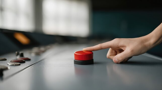 A human hand presses a large red button on a sleek futuristic console. The illuminated button glows in a dark environment with dramatic reflections.
