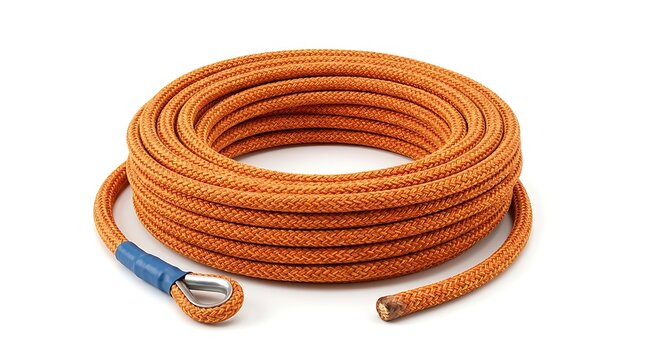 Coiled orange synthetic winch rope with metal thimble eyelet for heavy duty towing recovery