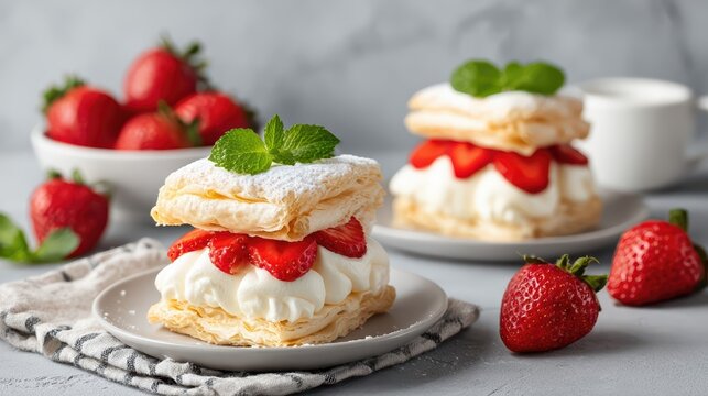 Elegant strawberry mille-feuille pastry with flaky puff layers, silky vanilla cream, and fresh strawberries. Mint leaves and powdered sugar add a refined finishing touch.