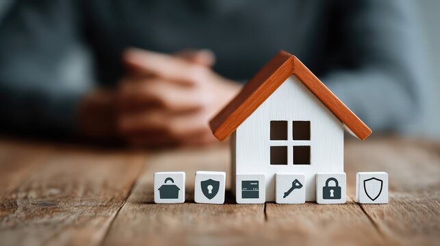 A smart house model is surrounded by security icons on wood. This image highlights digital home protection, smart insurance, and advanced safety technology.