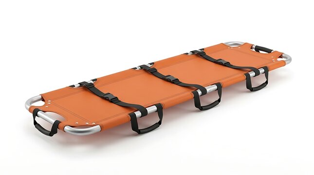 Orange medical stretcher for emergency patient transport isolated on white background
