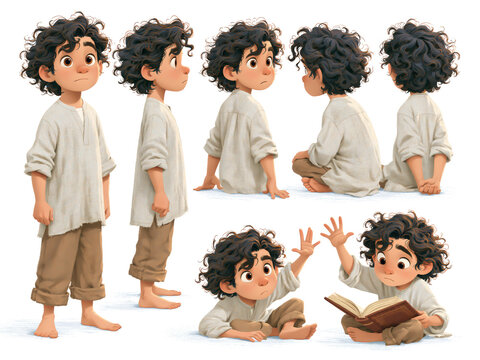 Cute cartoon boy character sheet in multiple poses standing sitting reading book with curly hair.