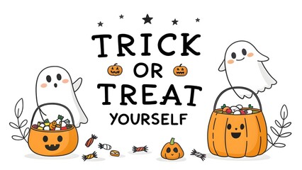 Fototapeta premium Cute Halloween Ghosts and Pumpkins with Trick or Treat Text