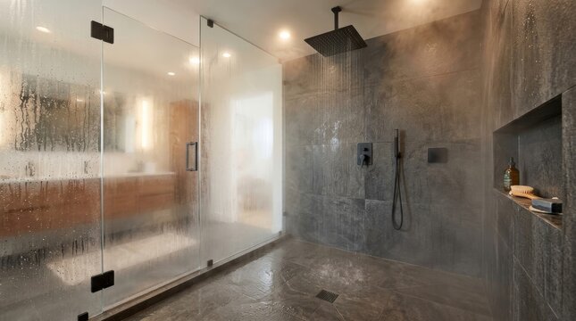Walk-in dark stone shower with steamed glass door and square rain head