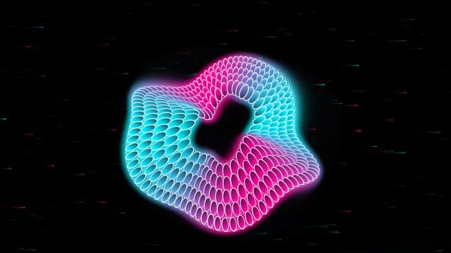 Futuristic neon pink and blue undulating torus loop motion graphic with space particle background