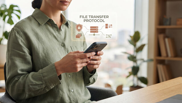 Woman holding smartphone with file transfer protocol text and icons interface, secure transfer, file sharing, server security workflow