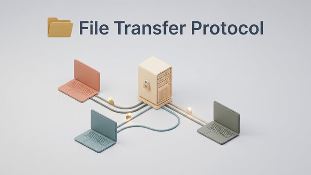 Isometric file transfer architecture with laptops and server hub and text file transfer protocol, secure transfer, file sharing, network connection