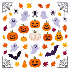Naklejka premium Halloween vector collection with pumpkins ghosts and autumn leaves