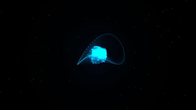Glowing blue quantum particle core with futuristic morphing plexus orbit ring in deep space