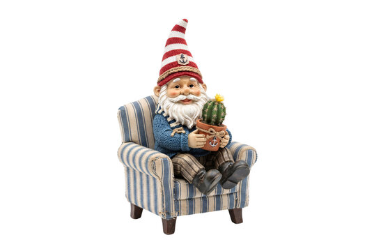 Garden Gnome Figurine Sitting on Armchair Holding Small Cactus