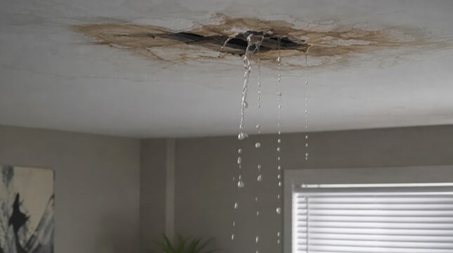 Ceiling with water damage and leaks dripping water inside a room near a window with blinds.