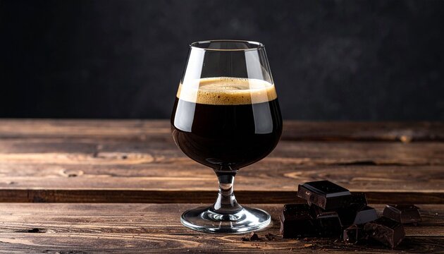 Dark Beer in Tulip Glass on Rustic Wooden Table.