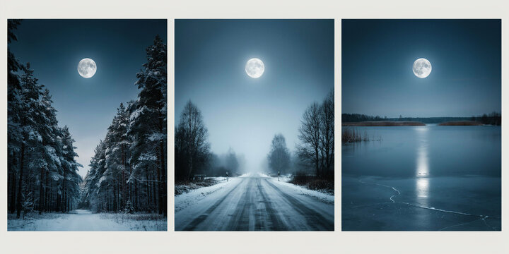 Triptych of snowy winter forest, a frozen road in fog, and a full moon over an icy lake