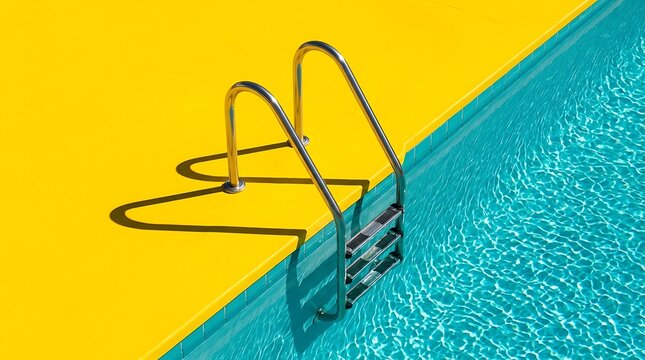 Swimming pool ladder on a bright yellow deck