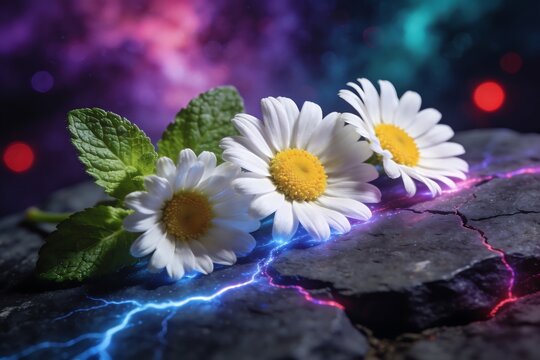 White daisies and mint leaves rest on a glowing cracked stone with electric blue veins amid a dreamy nebula bokeh background