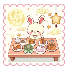 Cute Jade Rabbit Celebrating Mid-Autumn Festival with Mooncake Feast and Full Moon Vector © Aguzetiawan