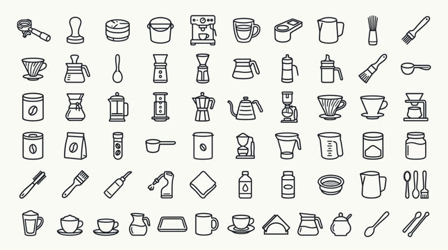 Hand drawn coffee equipment and barista tools icon set.