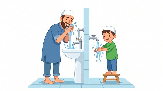 Ramadan activities wudu ablution illustration father teaching son washing hands at sink