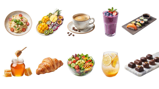 Gourmet food collection with 10 items, assorted healthy meals and drinks set, fresh restaurant menu food icons on white background
