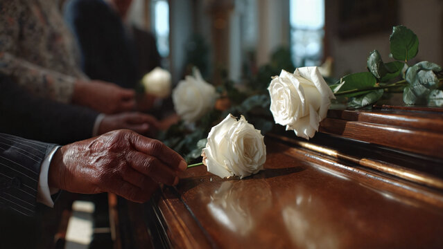 Emotional tribute at  funeral with white flow,funeral home websites, memorial service brochures, grief support publications, funeral service advertising, remembrance articles, estate planning websites