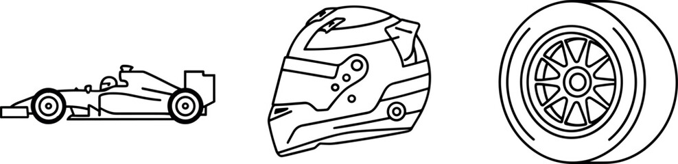 Fototapeta premium Formula 1 Racing, Racing Helmet, and Motorsport Wheel Line Icons Set
