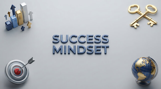 Success mindset text with 3D business icons including a rising bar chart, a target with an arrow, a globe, and golden keys on a plain light grey background, representing growth and, achievement goals