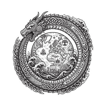 Jormungandr tattoo encircling Midgard with Viking ships, ocean waves, runes, and Celtic knot patterns, creating a Norse mythology design symbolizing eternity, power, destiny, and rebirth