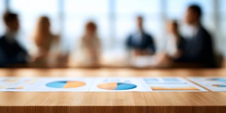 Wooden table with financial documents and blurred business team meeting in modern corporate office.