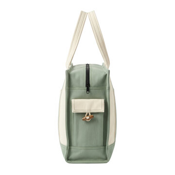 Borsa tote in tela verde salvia e panna su sfondo bianco