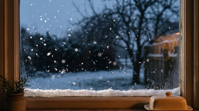 Snowflakes falling on a window at dusk above a snowy yard, cozy winter home view and cold seasonal weather 