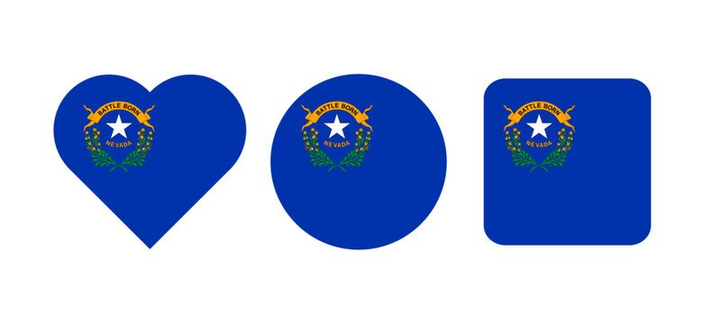Nevada State Flag Icons in Heart, Circle and Rounded Square Shapes