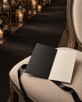 Blank wedding program booklet mockup on classic chair with black ribbon at luxury dark aisle ceremony