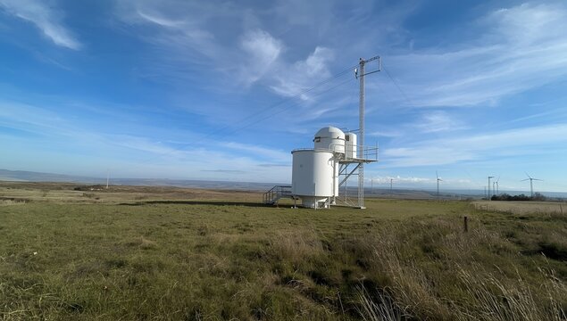 Industrial Weather Observation Dome Structure in Open Field Under Blue Sky