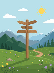 Obraz premium Wooden signpost on a mountain trail through peaceful green meadow with alpine peaks, pine trees, wildflowers, winding path, blue sky and sunny summer landscape vector illustration.