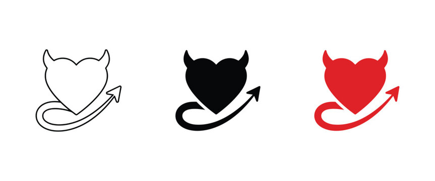 Devil heart vector symbols with horns and tail for love, passion, romance, and dark fantasy