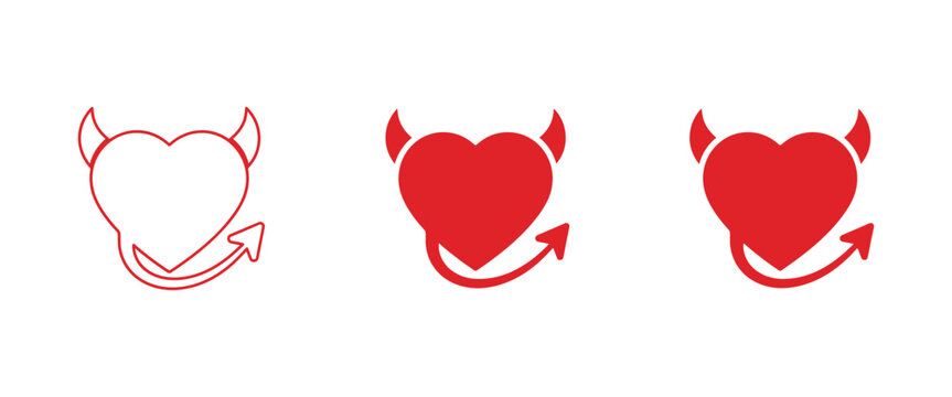 Devil heart vector symbols with horns and tail for temptation, emotion, gothic themes, and supernatural concepts