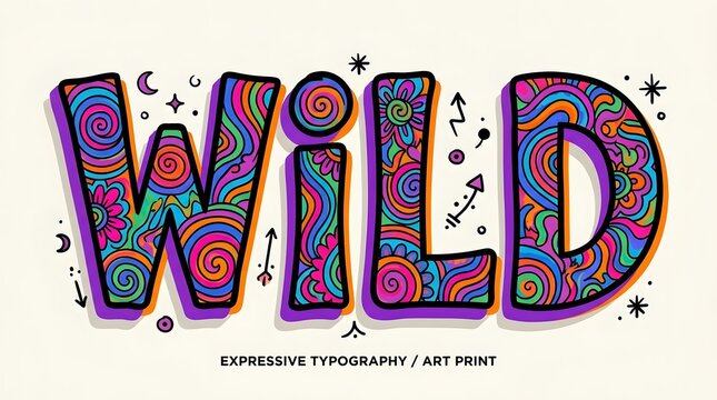 Wild word typography with colorful psychedelic patterns and hand drawn doodle elements