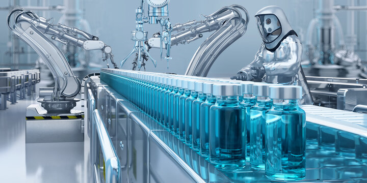 Pharmaceutical vial filling, aseptic processing, robotic automation, and sterile manufacturing. Automated production line with glass vials, robotic arms and a cleanroom operator in protective clothing