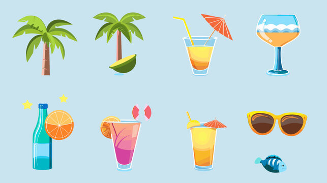Bright Tropical Summer Icon Set Featuring Palm Trees Cocktails Sunglasses Beach Umbrella And Small