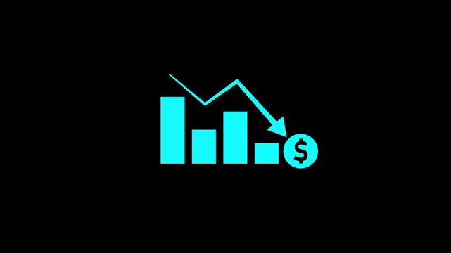 Business finance decline icon featuring a bar chart, downward trend arrow, and dollar symbol. Represents financial loss, market decline, reduced revenue, economic downturn, investment risk,