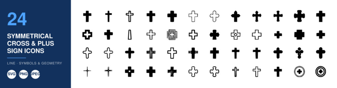 Symmetrical Cross Plus Sign Icons Set, Line Symbols and Geometry Design, Vector Illustration for Ui/Ux and Branding.