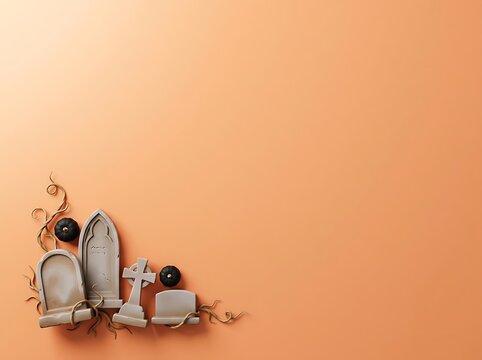 Miniature gravestones with skulls on a solid orange background