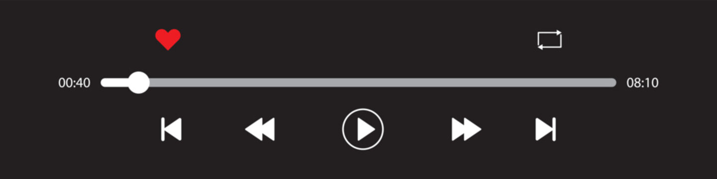 Minimalist white audio player user interface widget vector with progress bar time counter and playback control buttons on Dark background.