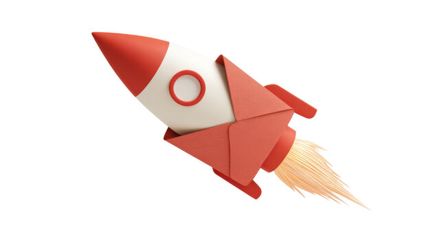 Retro paper rocket launching, red and white toy spacecraft with flames, creative startup launch and innovation concept photo isolated PNG with Transparent Background