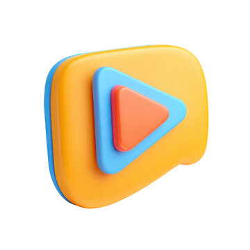 3D play button icon, yellow orange blue media symbol, modern UI app logo element for video streaming and playback isolated PNG with Transparent Background